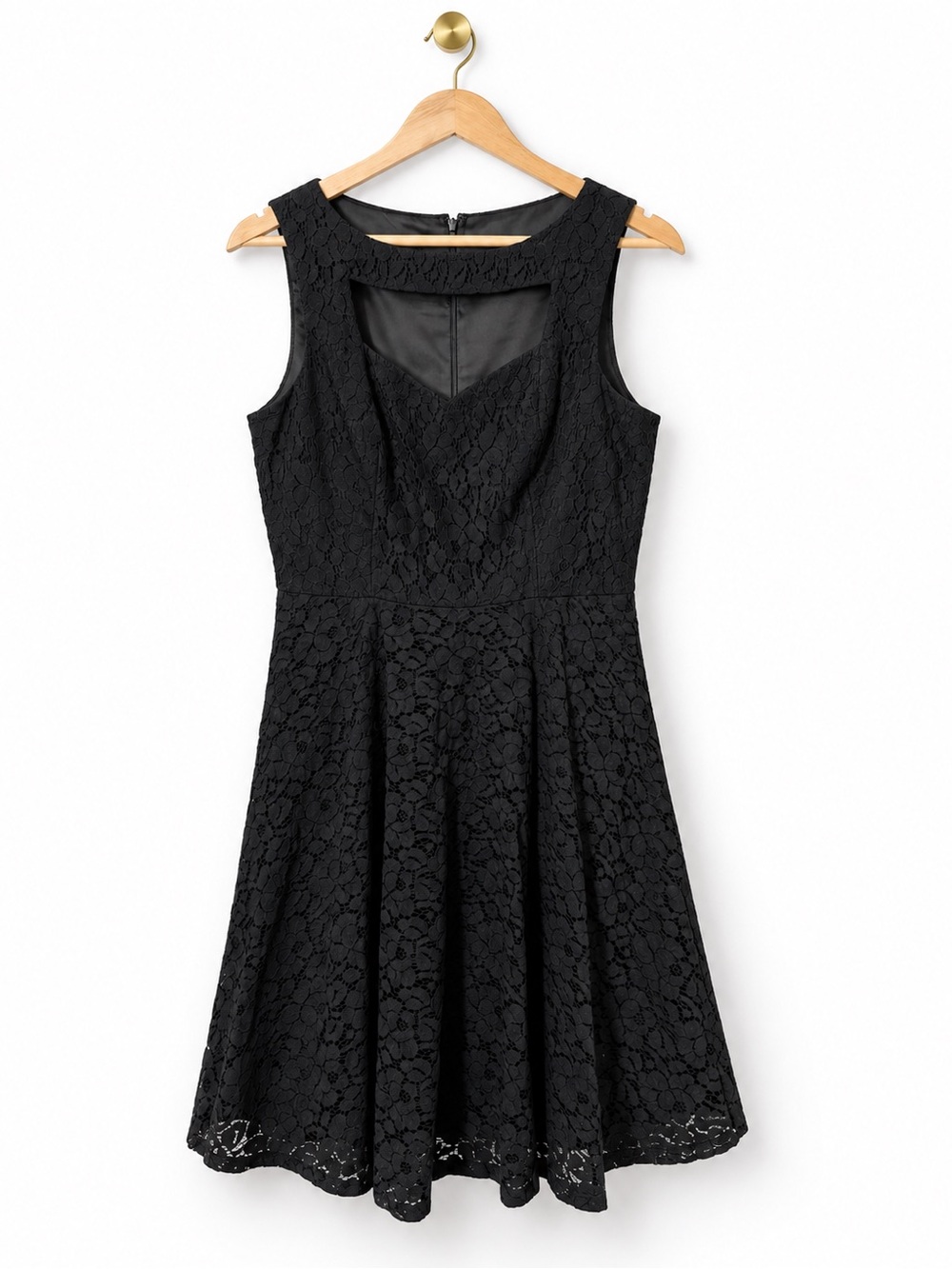 Donna Morgan Black Lace Fit & Flare Dress Illusion Neckline Wedding Guest Size 8